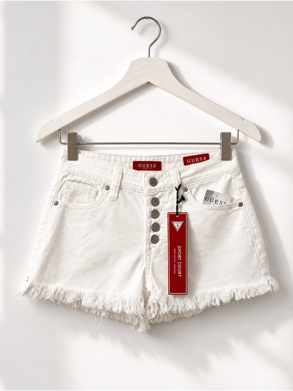 GUESS White Frayed Hem High-Rise Denim Shorts